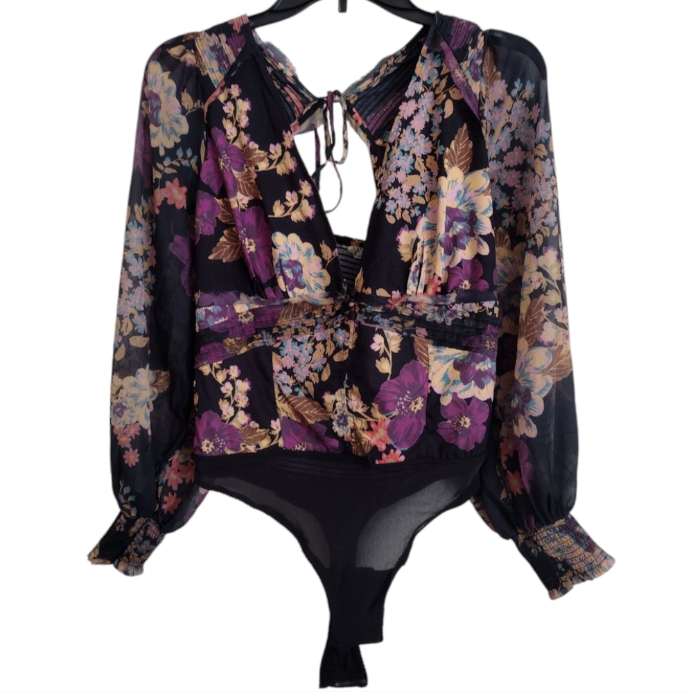 Intimately Free NWOT Wanderlust Floral Black Purple Bodysuit Size Small